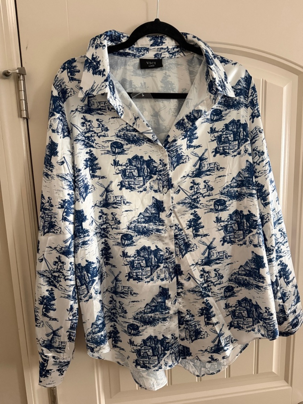 Vici Blue and White Toile Button-Front Shirt Jacket